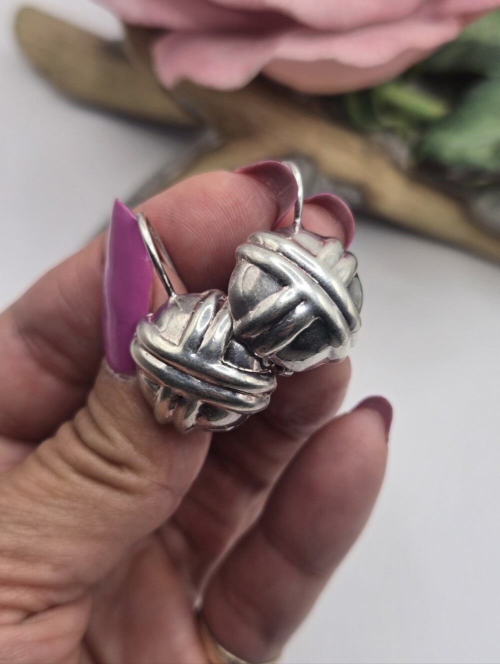 Sterling Silver Textured Drop Earrings - Silver